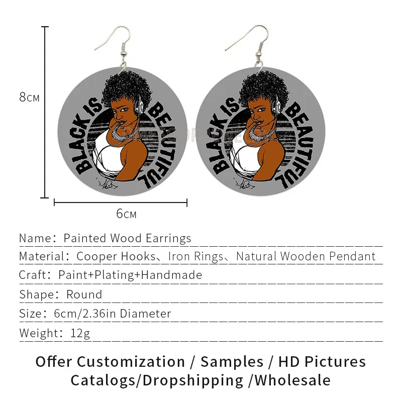 SOMESOOR Black Is Beautiful AFRO Art Printed Wooden Drop Earrings Cool Girl Melanin Curls Hair Designs Dangle For Women Gifts