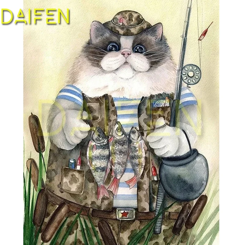 Full Square Diamond embroidery Cartoon cat fish Full Round Diamond mosaic fishing rod DIY Diamond painting Cross stitch fishing