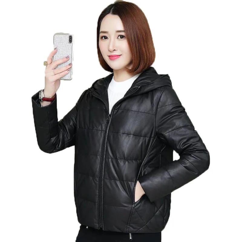 

Fashion PU Leather Coat Winter Jackets 2022 New Women's Cotton Coat Parka Loose Casual Hooded Black Leather Coat Parkas Female