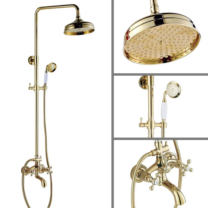 Gold Color Brass Two Cross Handles Wall Mounted Bathroom Rain Shower Head Bath Tub Faucet Set Telephone Shape Hand Spray mgf451