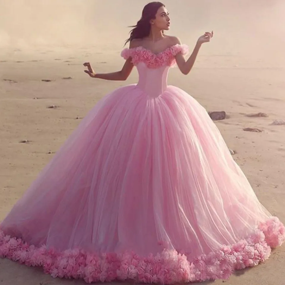 Robes de Quinceanera rose Off initié, robe de Rhen tulle avec fleurs, robe de soirée formelle, Sweet 18, robe de Rhélégante éducative, 2023