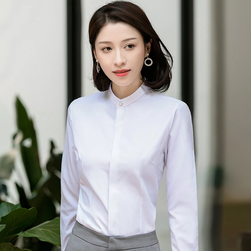 Women’s Long Sleeve Stand Collar Office Formal Casual Shirt Blouse Concealed Button Placket Ladies Office Slim-fit Dress Shirts