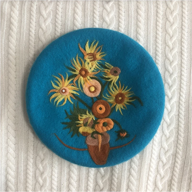 Faramita Holiday Van Gogh Famous Painting Sunflower Women Blue Hat Hand Made Girls Wool Berets Manual Art Caps Hat Painter Beret