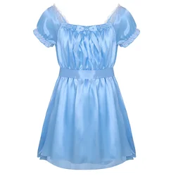 Vestido Babydoll Sissy para homens, decote quadrado, brilhante, cetim macio, crossdress com faixa, masculino, pijamas gays, roupa íntima, roupa de dormir