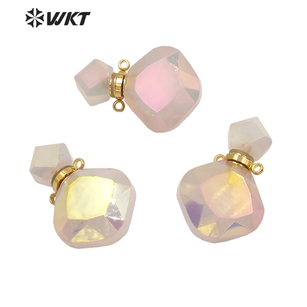 WT-P1675  Exclusive Newest Fashion Gold Aura Rose Quartzs Perfume Bottle Pendants Lady Flash Bright Natural Pink Stone