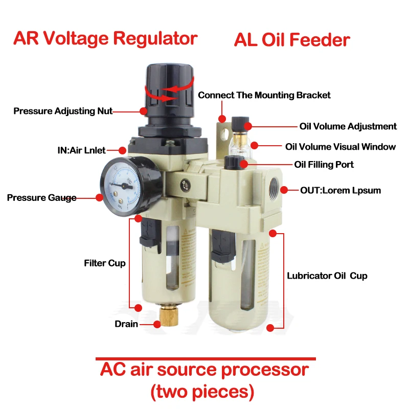 Metallic AC2010-02 AC3010-03 AC4010-04 Pneumatic Pressure Regulator Oil Water Separator Manual Drainage Compressor Air Filter.