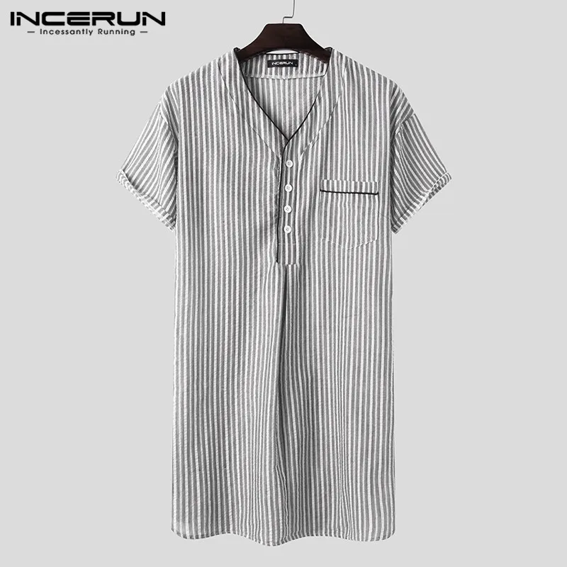 INCERUN Leisure Striped Homewear Men Cotton Sleepwear Summer Short Sleeve V Neck Nightgown Breathable Comfy Nightwear Plus Size