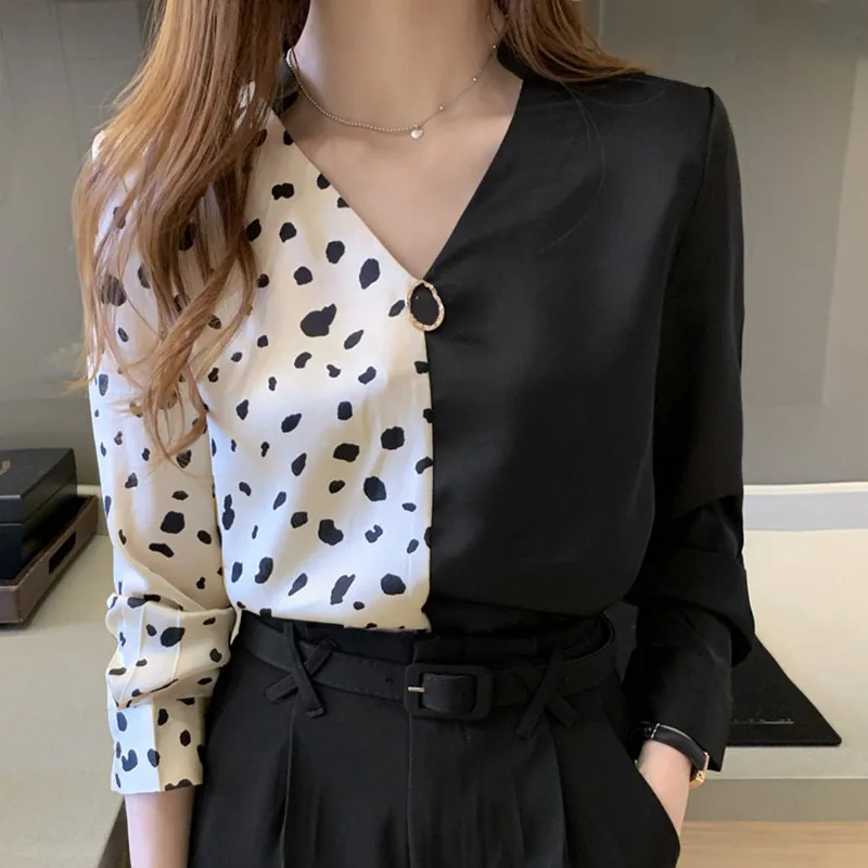 

Blouse Women's 2022 Autumn Long-Sleeved Elegant Chiffon V-neck Ladies Tops Beading Casual Leopard Blusas Femininas Shirts 0789