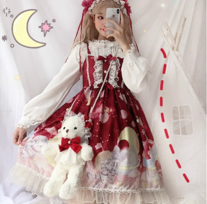 Lolita kleid vintage falbala bowknot nette druck hohe taille prinzessin viktorianischen strap kleid kawaii mädchen gothic lolita cos loli