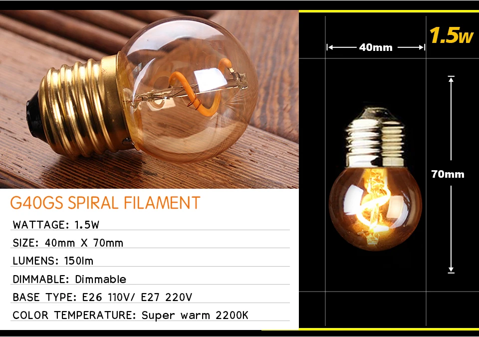 Retro dimmbare LED Edison Glühbirne E27 3W Gold Spiral-Filament ST64 G125 Ampoule LED Lampe Glühbirne Kronleuchter Dekorative Beleuchtung – Detail 21