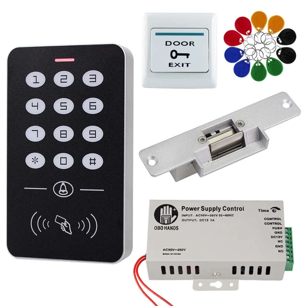 

RFID Access Control System Kit Standalone Controller Keypad 1000 Users Electronic Door Lock Power Supply 125KHz ID Keyfobs Tags