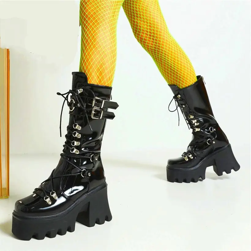 

Platform Pumps Women Patent Leather Round Toe Mid Calf Boots High Heels Lace Up Buckle Creepers Shoes EUR35-43