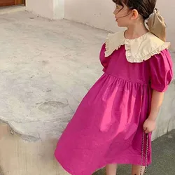 Summer Girls Dress Sweet Style Big Lapel Puff Sleeve Princess Dress Baby Kids Clothes Children'S Clothing