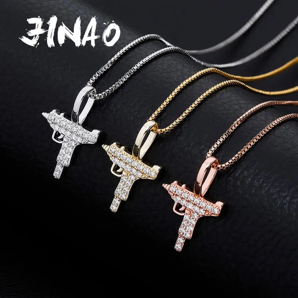 JINAO New 925 Sterling Silver Gun Pendant Necklace High Quality Iced Out Cubic Zirconia Hip Hop Fashion Delicate Jewelry Gift