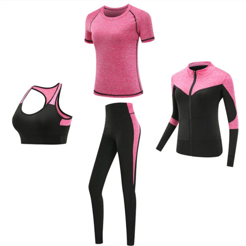 Quick dry women sportswear yoga set fitness gym yoga clothing suit sets coat+bra+t shirt+leggings 2019 workout running training