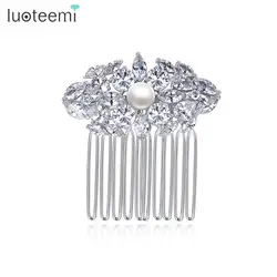 LUOTEEMI New Design Flower Hair Comb for Women Wedding Trendy Fashion Cubic Zircon Rhinestone Bride Engagement Jewelry Christmas