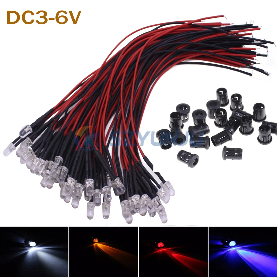 10-100pcs F3mm F5mm LED czerwony/zielony/niebieski/RGB biały UV różowy DC3-6V okrągły wstępnie przewodowy woda wyczyść LED z uchwyt z tworzywa sztucznego