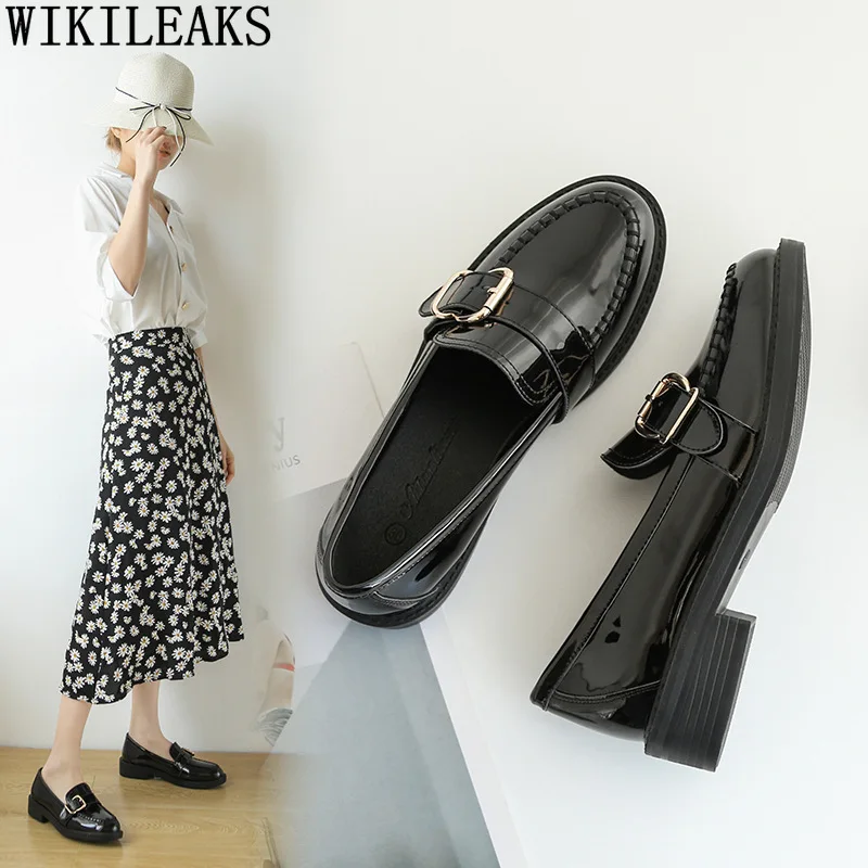 Sepatu Slip On Hak Rendah Kulit Paten Tali Monk untuk Wanita Sepatu Kasual Kulit Loafer Fashion Korea Sepatu Oxford untuk Wanita