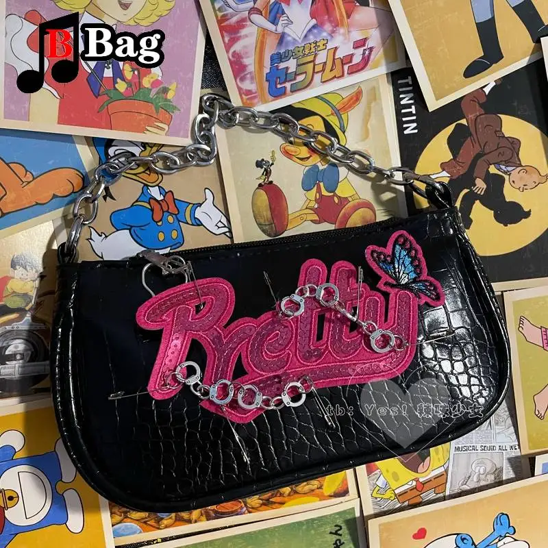 Y2K Harajuku Spice Girls Underarm bag women PU Pin decoration single shoulder bag Handbag female Punk messenger bag