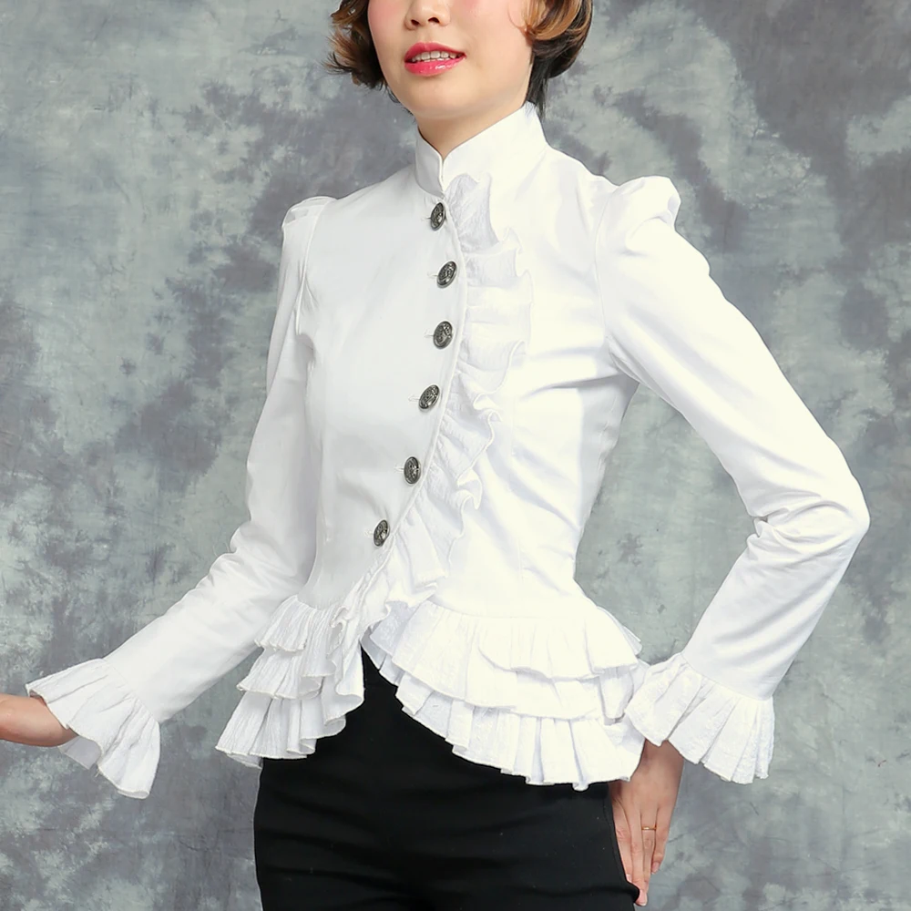 Donne della molla Bianco Camicette Vintage Vittoriano Breve Cavaliere Giubbotti Femminile Gotico Camicetta Lolita Costume Autunno Layered Increspato