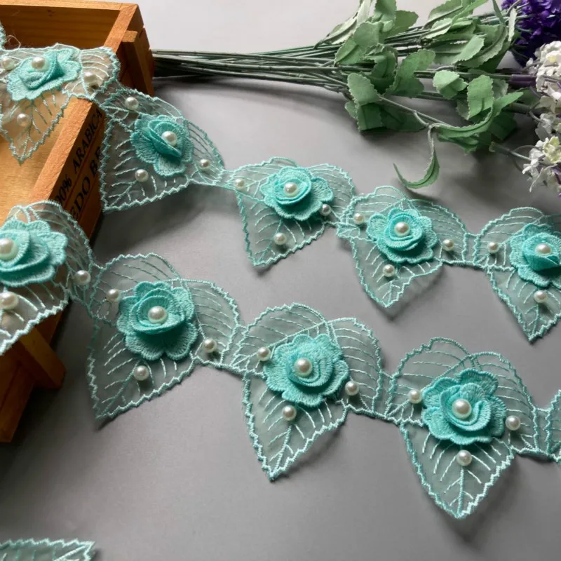 

1 Yard 7*8cm Green Heart leaf Pearl Embroidered Lace Trim Ribbon Fabric Sewing Craft Patchwork Handmade For Costume Decoration