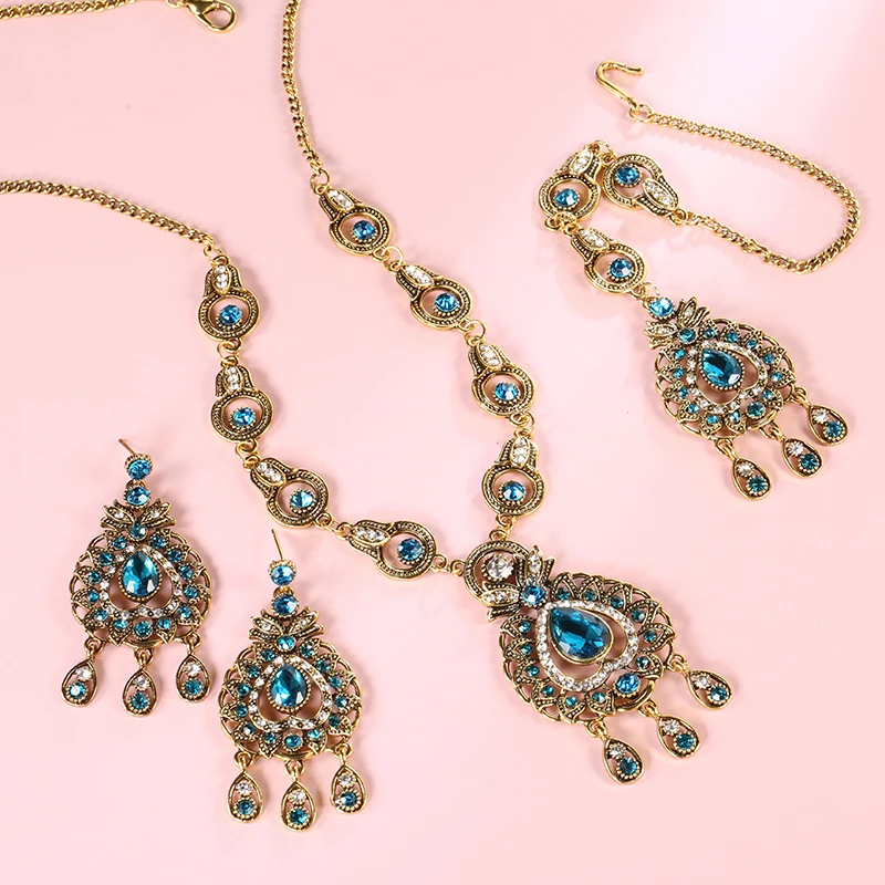 From India Vintage Look Jewelry Sets Pendants Necklace Earring For Women Gold-Color Mosaic  Blue Crystal Party Gifts