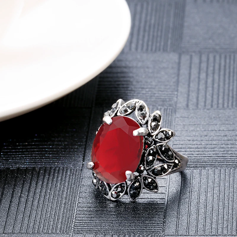 Wbmqda Fashion Red Stone Ring For Women Tibetan Silver Crystal Flowers Ethnic Wedding Bridal Jewelry Retro Rings