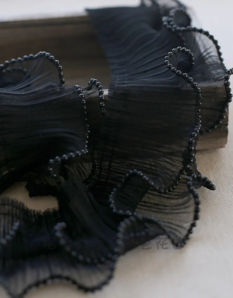 1Meter 10CM Wide White Black Beaed Lace Ribbon fabric Ruffle Trim Collar Sewing Clothing Skirt Headwear Guipure Decoration