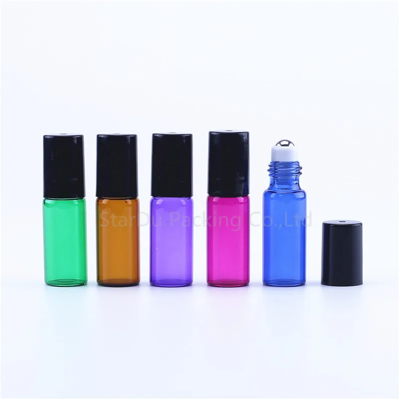 

1000PC/Pack 5ml Amber blue green Thin Glass Roll on Bottle Sample Test Essential Oil Vials with Roller Metal Ball