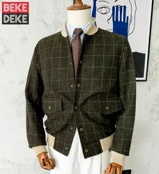 Vintage Wool Coat Mens Stand Collar Bomber Jackets British Style Outerwear Slim Long Sleeve Single Breasted Classic Plaid Jacket