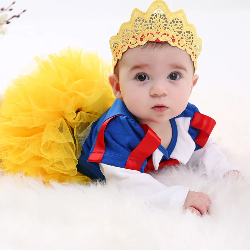 Baby Girls Clothes Sets Snow White Romper + Tutu Skirt + Crown Kids Party 1st Birthday Princess Cosplay Bebes Clothing Costume