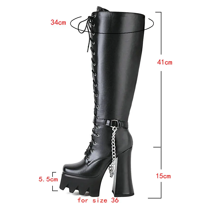 2021 Women Knee High Boots Platform Square High Heel Ladies Motorcycle Boots PU Leather Cross Tied Zipper Women\'s Boots Black