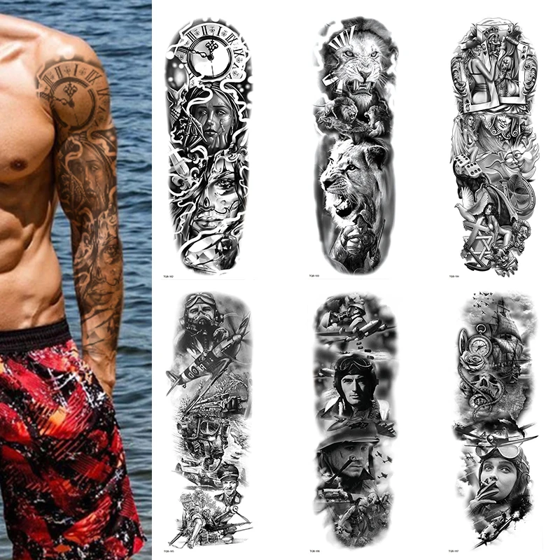 REALISTIC TEMPORARY TATTOO SLEEVE, WAR, SOLDIER, LION, CLOCK, MENS, WOMENS