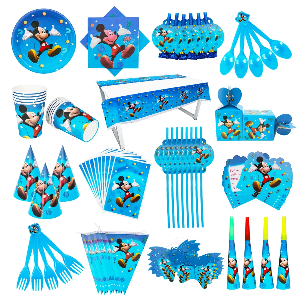 Azul mickey mouse crianças festa de aniversário balão copos de papel pratos toalha de mesa decorações do chuveiro do bebê utensílios de mesa descartáveis suprimentos