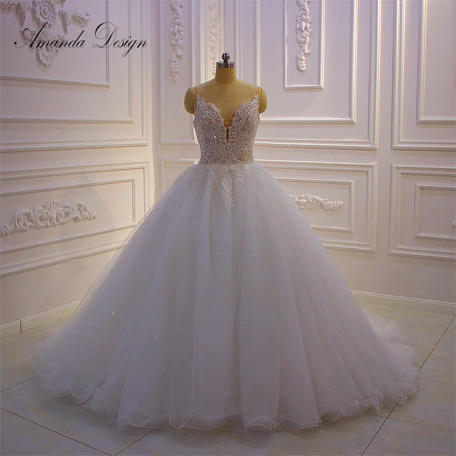 Amanda Design Spaghetti Strap Lace Applique Shiny Wedding Dress