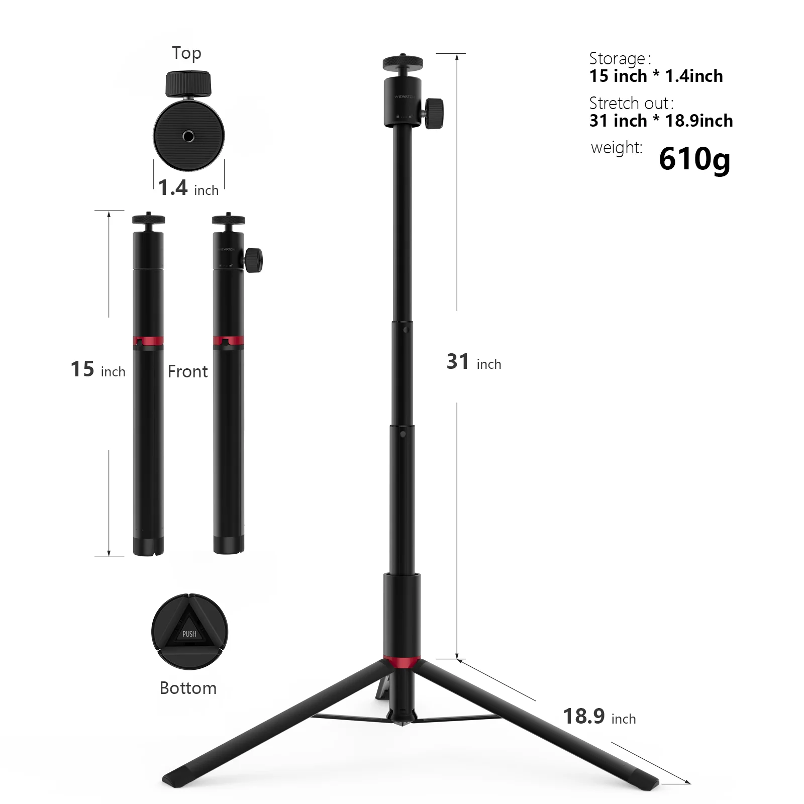 WEWATCH PS201 Adjustable-height Tripod Stand Aluminum Alloy Portable Projector Stand Selfie Stick Tripod with 360° Panorama