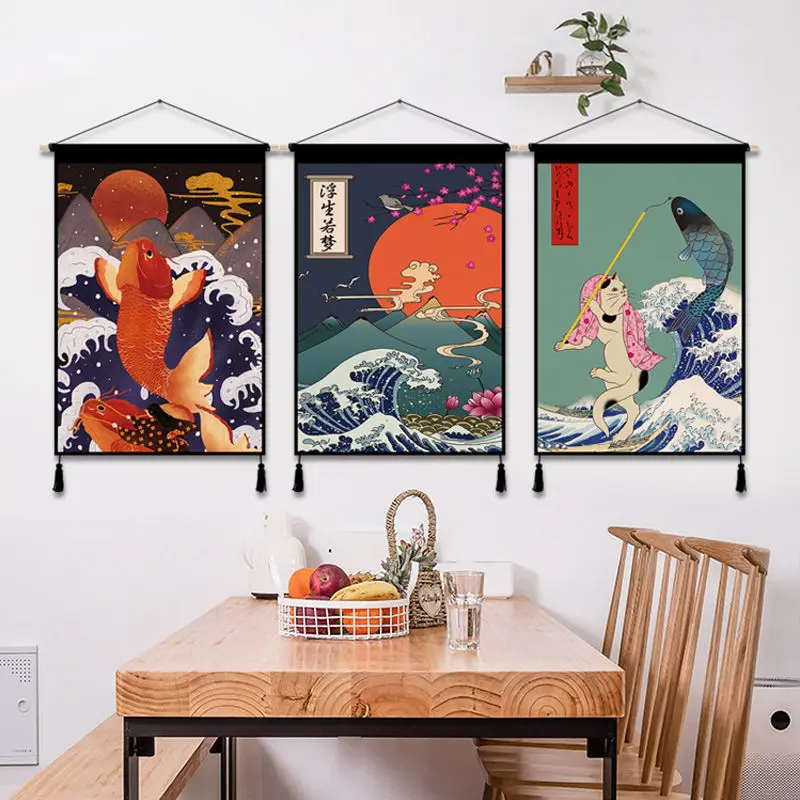 

Japanese Ukiyoe Canvas Scroll Paintings Wall Art Home Decor Aesthetic Posters Sushi Restaurant Wood Hanging Tapestry