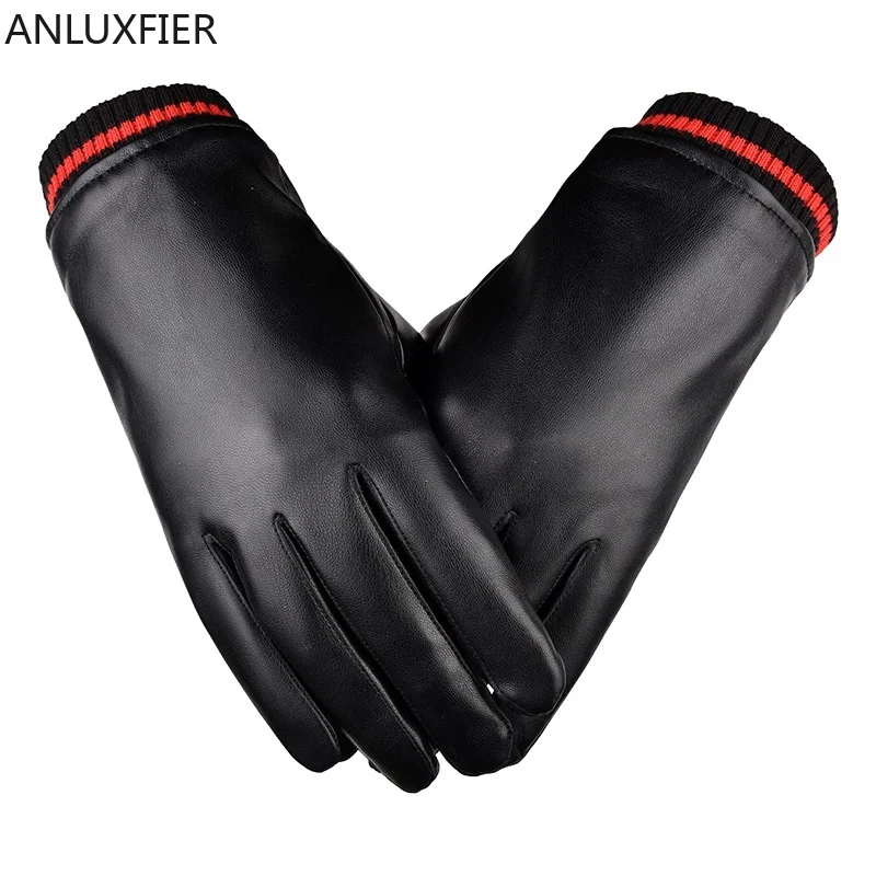 H10073 Winter Men Leather Black Gloves Warm Touch Screen Velvet Wind-proof Mittens Male Driving Cycling Cold-proof Hand Muff