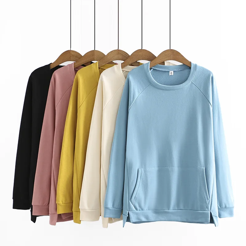 Women Clothing Hoodies & Sweatshirts Plus Size 2021 Autumn New Loose Casual Round Collar Big Pocket Raglan Sleeve Split Tops 838