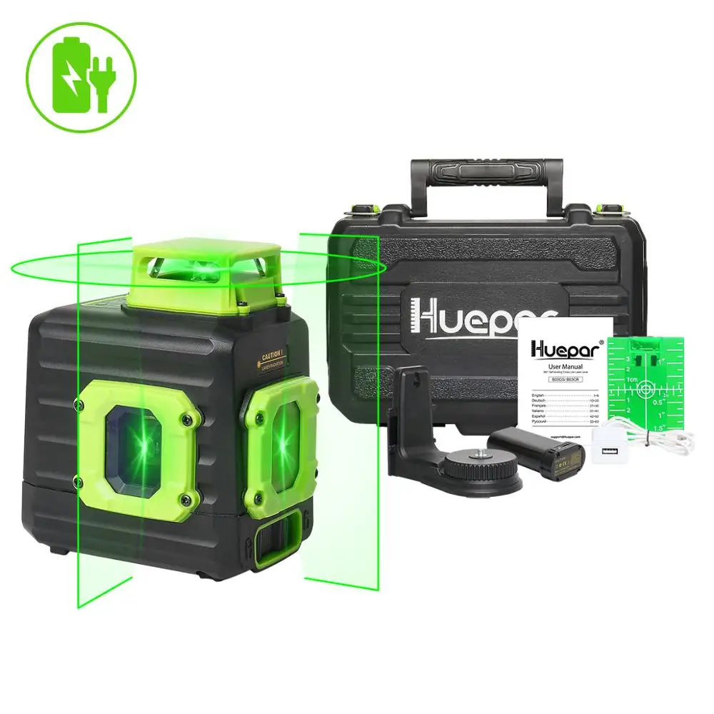 Huepar B21CG Laser Level Green Cross Line 360° °   Horizontales selbstnivellierendes Werkzeug mit zwei vertikalen Linien, Li-Ionen-Akku und Hartschalenkoffer