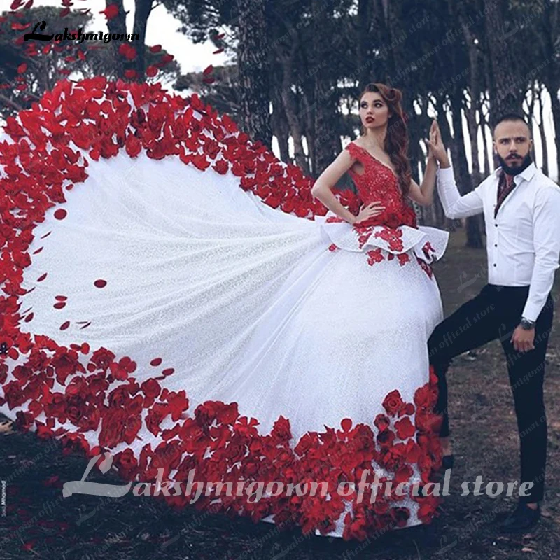 Vestido de novia de encaje Vintage rojo y blanco, vestido de novia de princesa con purpurina, apliques de lujo, talla grande