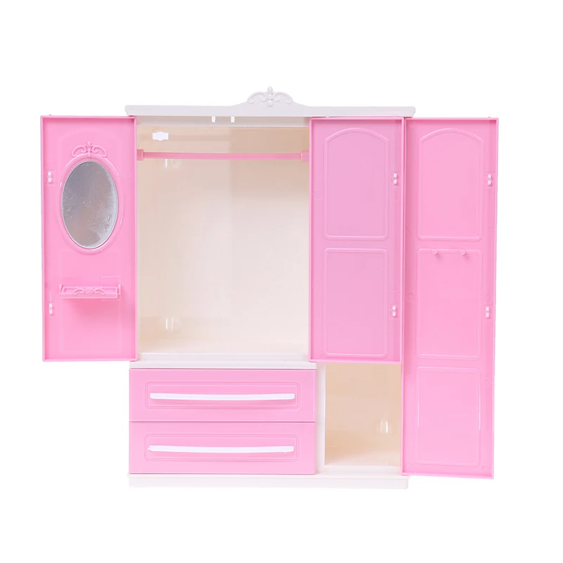 Three-door Pink Modern Wardrobe For Dolls Furniture Clothes Accessories Toys