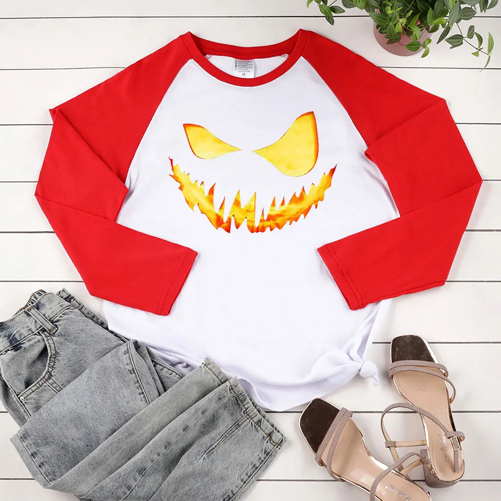 Women Autumn Winter Woman Tshirts Two-tone Stiching Tops Female Pumpkin Emotions Printing Halloween Long Sleeve T-shirts