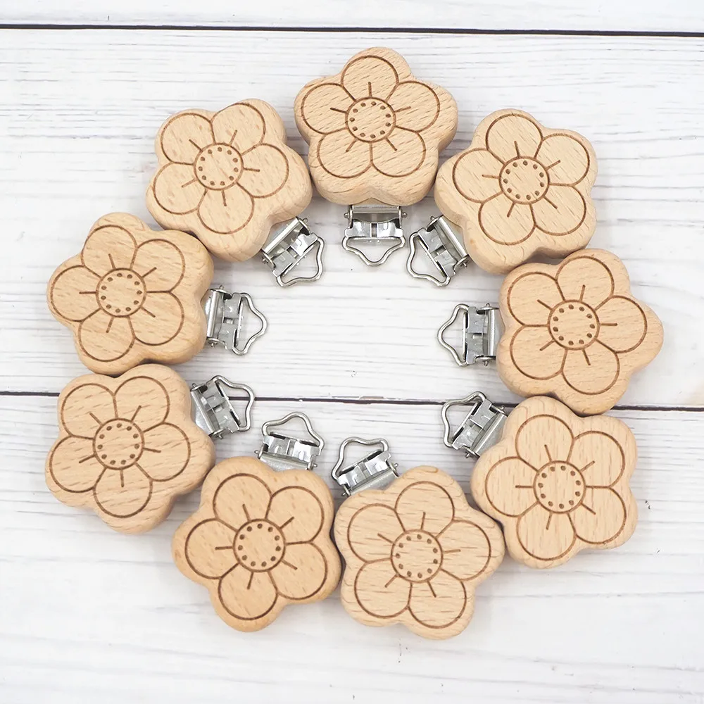 Chenkai 50PCS Wood flower  Clip DIY Organic Eco-friendly Nature Unfinished Baby Pacifier Rattle Grasping Accessories