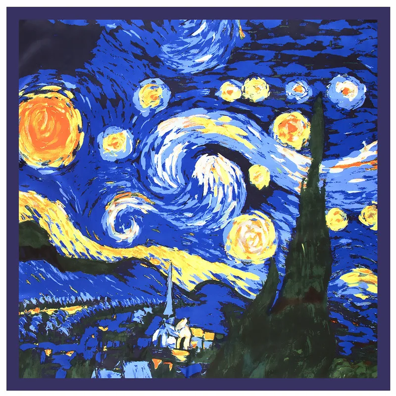 130cm New Van Gogh Starry Sky Oil Painting 2021 Brand Scarf Twill Silk Square Scarf Women Kerchief Shawl Scarves For Ladies