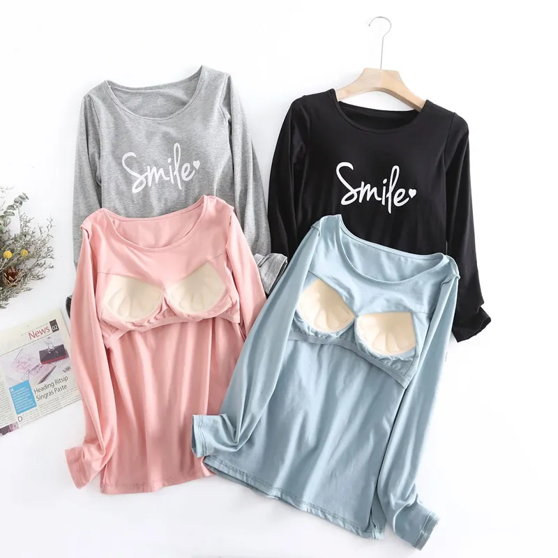 

Fdfklak Casual Letter Print Sleepwear Tops Comfortable Modal Long Sleeve Sleep Bottoming Shirt Chest Pad One Piece Pajamas Women