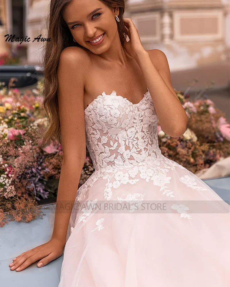 Magic Awn-vestidos De novia Bohemia con apliques De encaje, vestidos De novia De color rosa, Vestidos De Novia De encaje Corazón De tul para playa, vestidos De boda para mujer