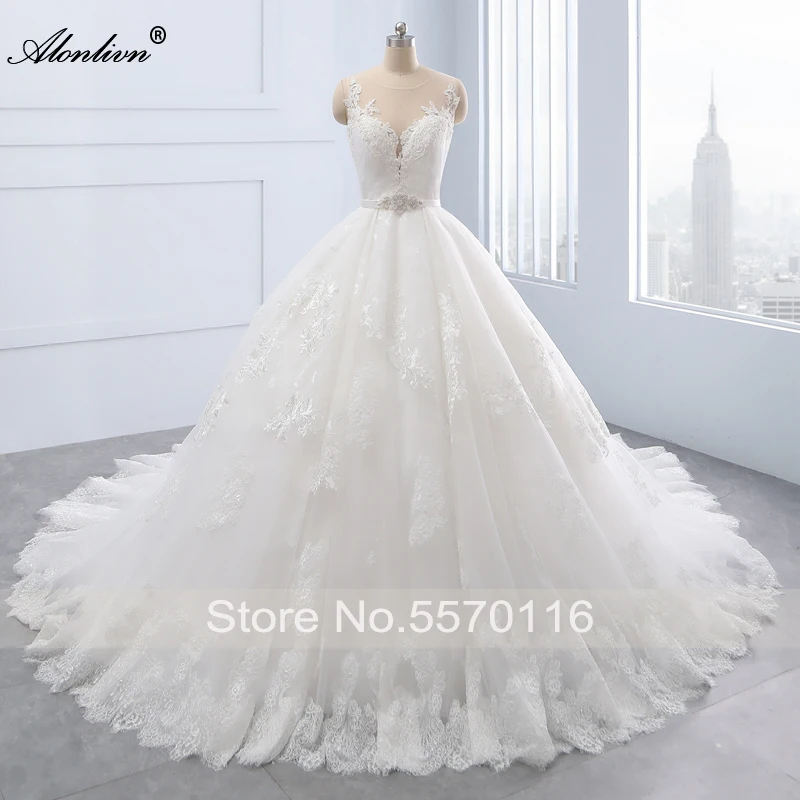 Alonlivn Real Photo Sweetheart Ball Gown Wedding Dresses Court Train With Illusion Back Button Appliques Lace Bridal Skirts