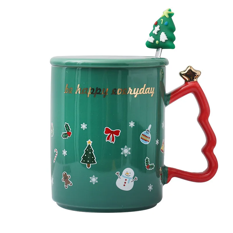 375ML Christmas Gifts Coffee Mug With Lid Spoon Personalized Cartoon Ceramic Cup Birthday Holiday Gifts For Women Friends Kids