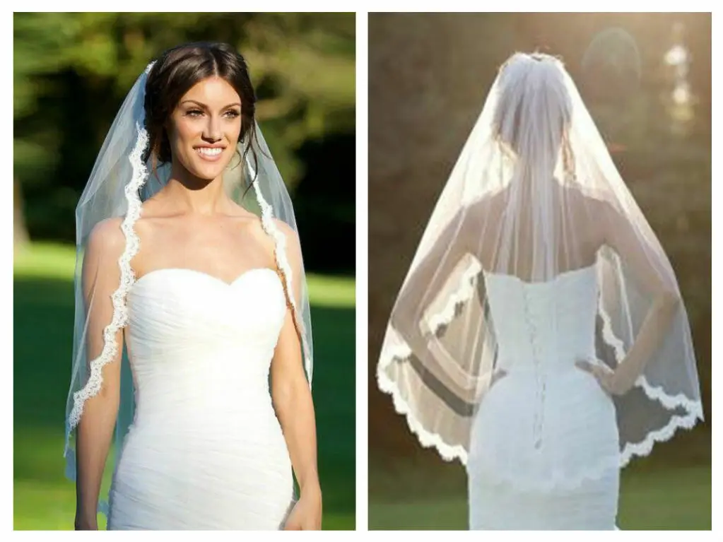 White Bridal Wedding Veil 1 Tier Elbow Length Lace Trim with Comb